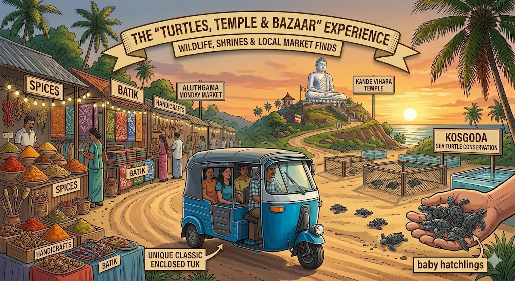 Kosgoda Sea Turtle Conservation hatchery, Aluthgama Monday market spices, Kande Vihara sitting Buddha